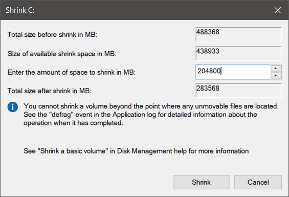 Enter the Shrink Size/Volume