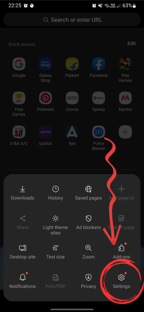 Setting in Samsung Internet