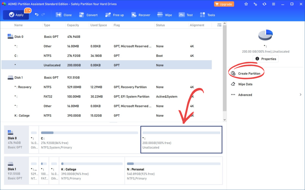 Unallocated Partition and then click on Create Partition