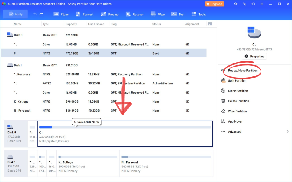 select the partition you want to Split and click on Resize