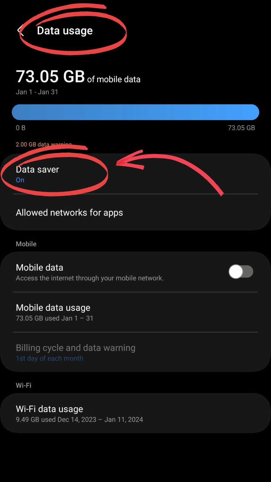 In Data Usage, Click Data Saver