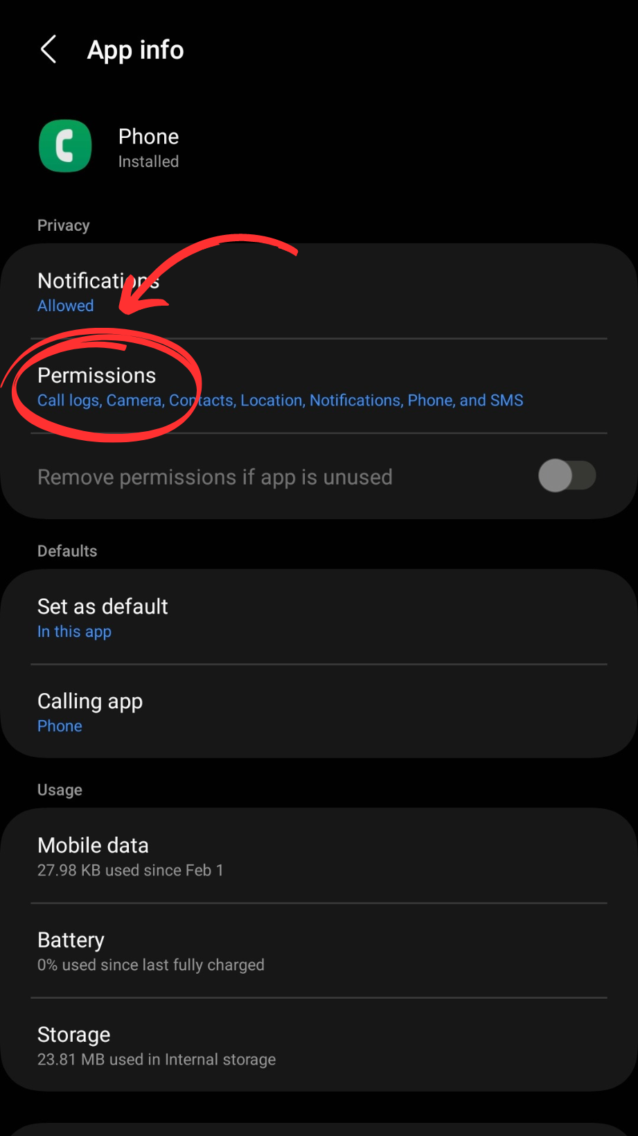 Tap Permissions of Phone App