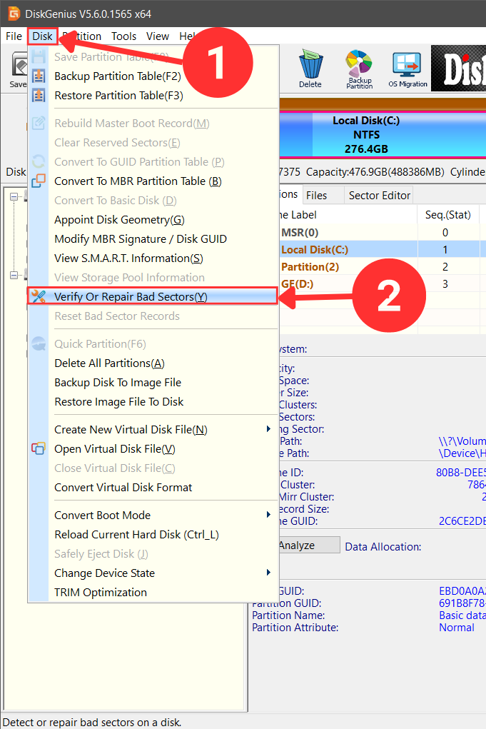 Open Disk Tab and Select Verify or repair bad sectors.