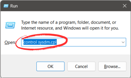 Open Run and type: control sysdm.cpl