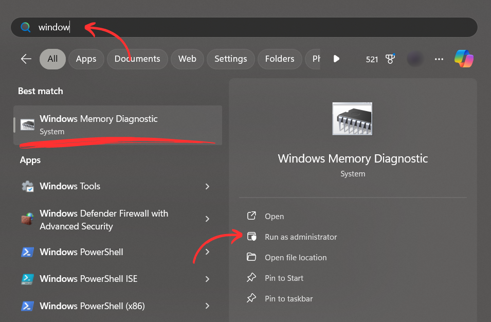 Run Windows Memory Diagnostics as Adminstrator