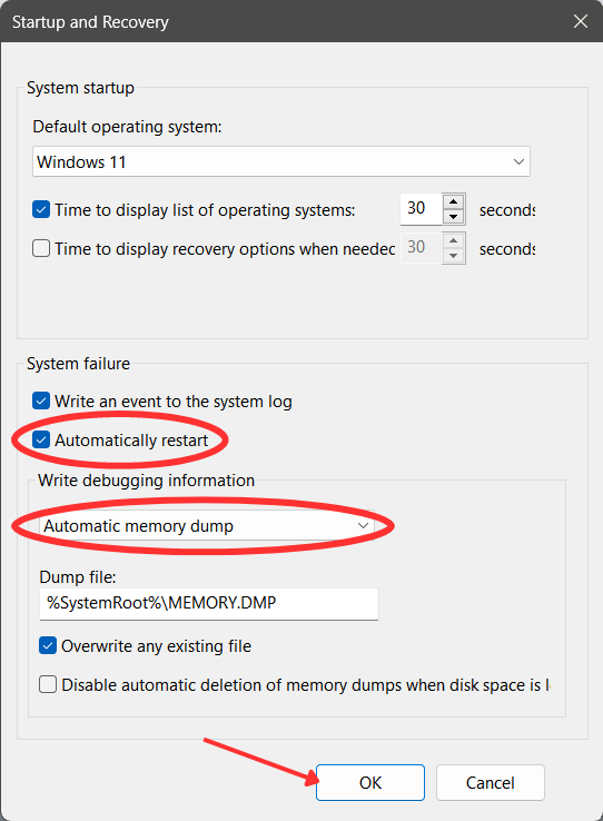 Click on Automatically restart and then choose automatic memory dump