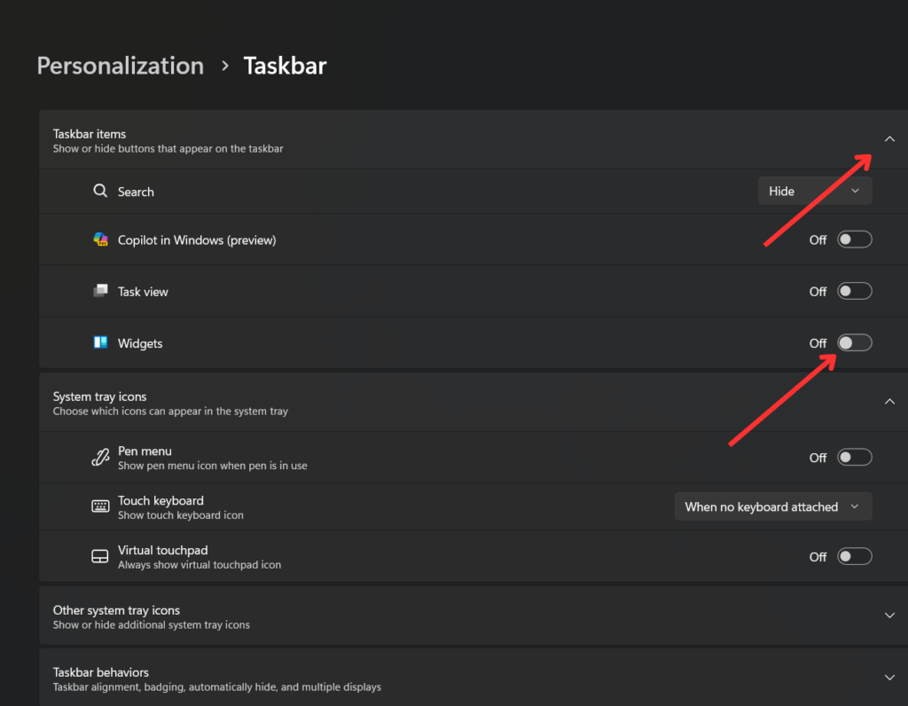 Expand taskbar section and enable widgets
