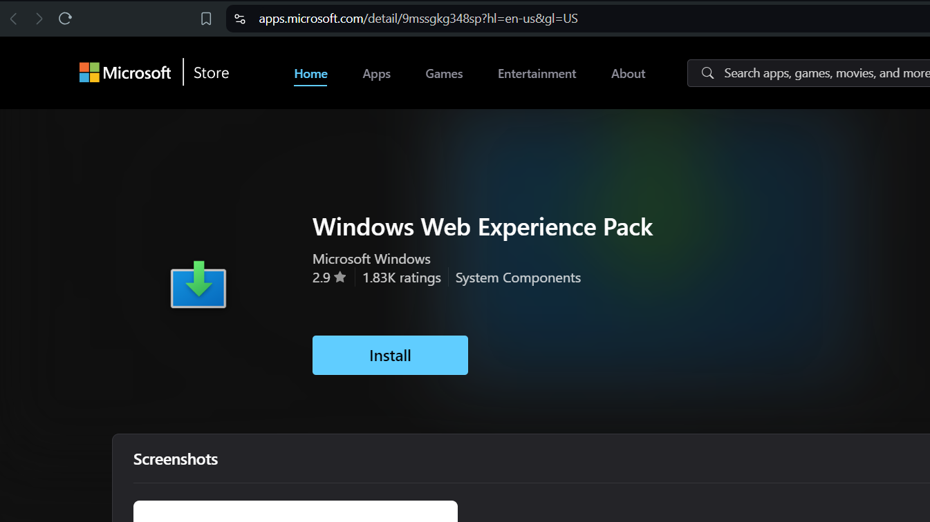 Open the link and Download Windows web experience pack