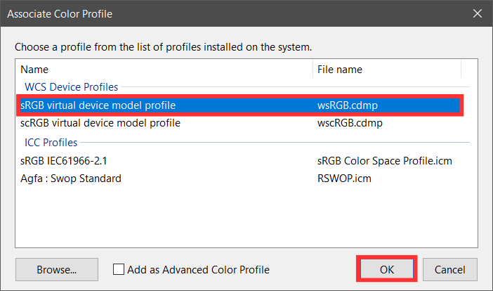 select sRGB virtual device model profile