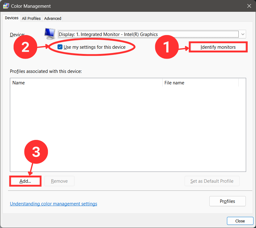 select identify monitor>select "use my setting for this device"> add